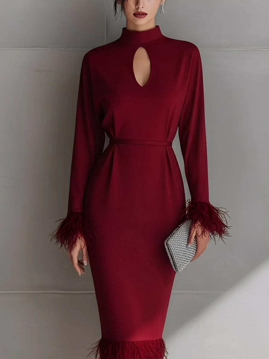 Women's Burgundy Glamorous Crepe Keyhole - Neck Feather - Trimmed Midi Dress