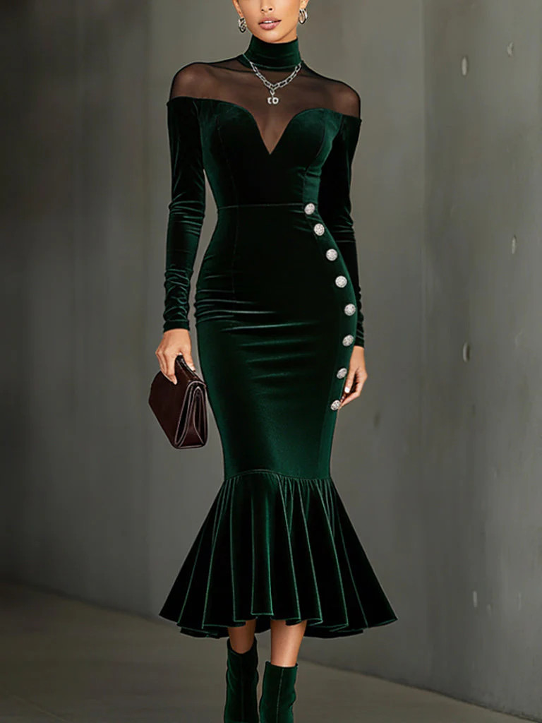 Green Velvet Backless Fishtail Bodycon Dress With Silver Buttons