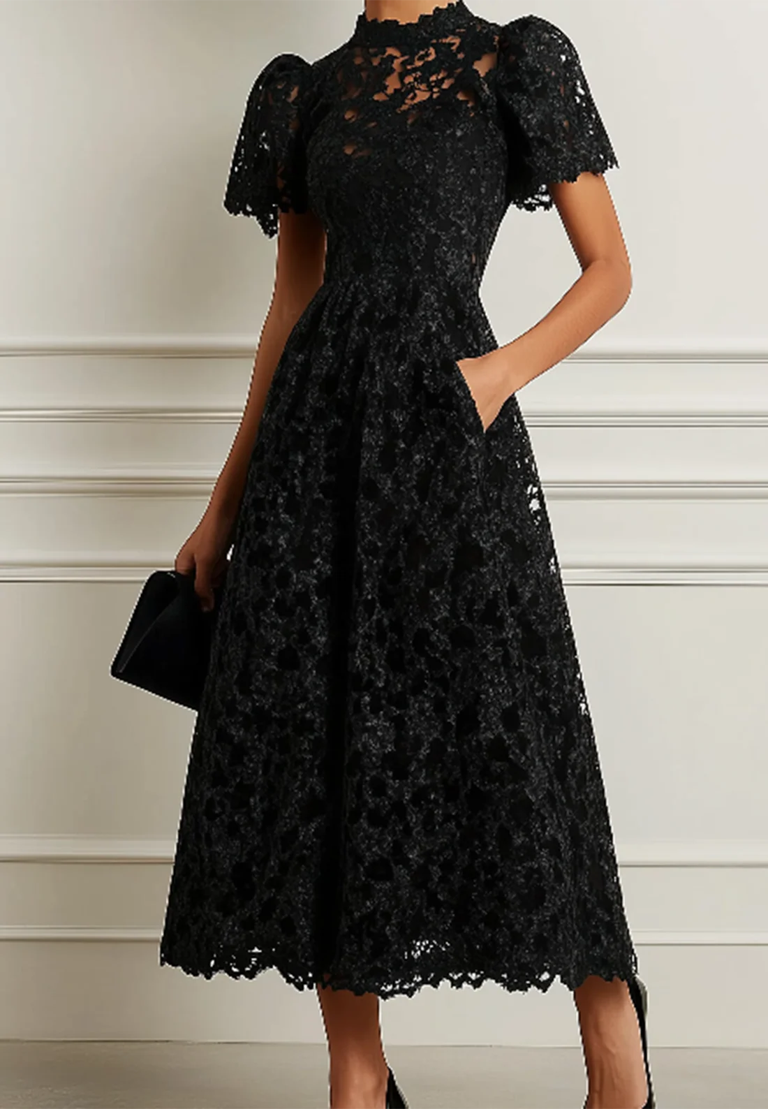 High Neck Short Sleeves Lace Appliques A-Line Cocktail Dress