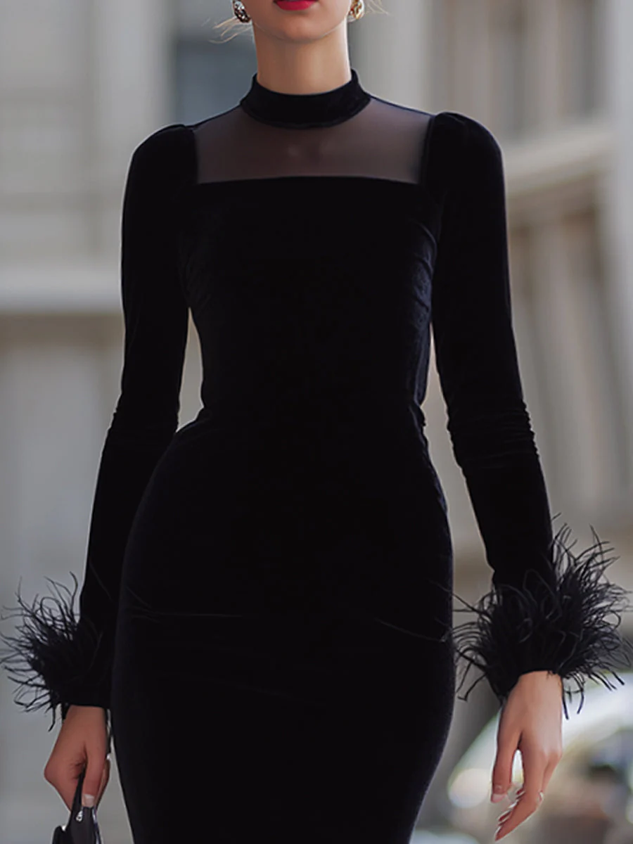 Black Velvet Feather-Trim Midi Dress With Sheer Neck