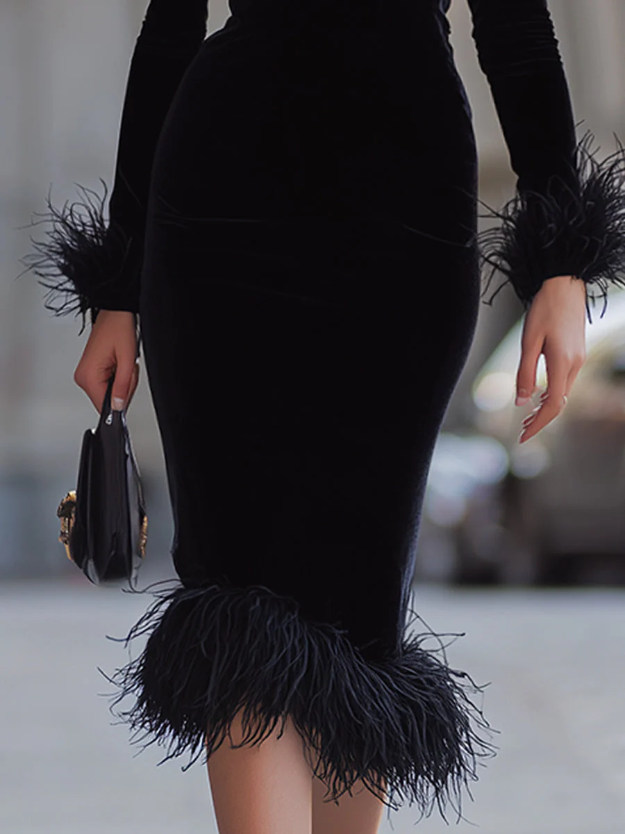 Black Velvet Feather-Trim Midi Dress With Sheer Neck