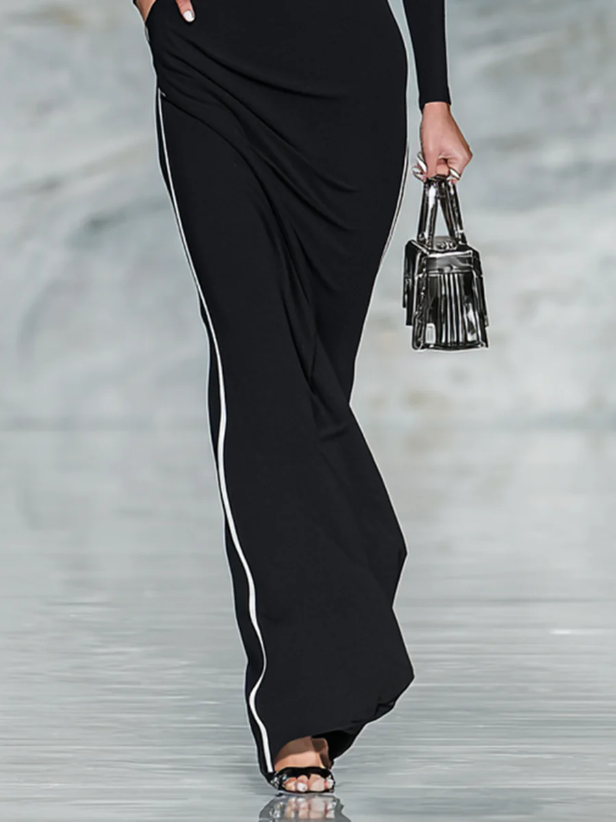 Women's Black And White Trim Square Neck Long Sleeve Tight Maxi Dress