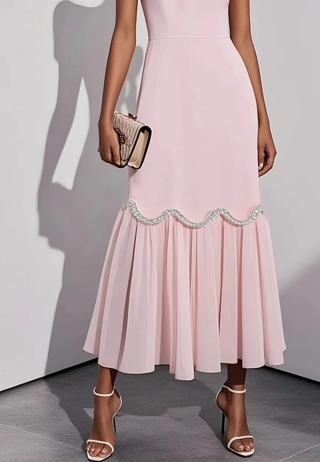 Pink Rhinestone Classic Sweetheart Neckline Sleeveless A-Line Maxi Dress