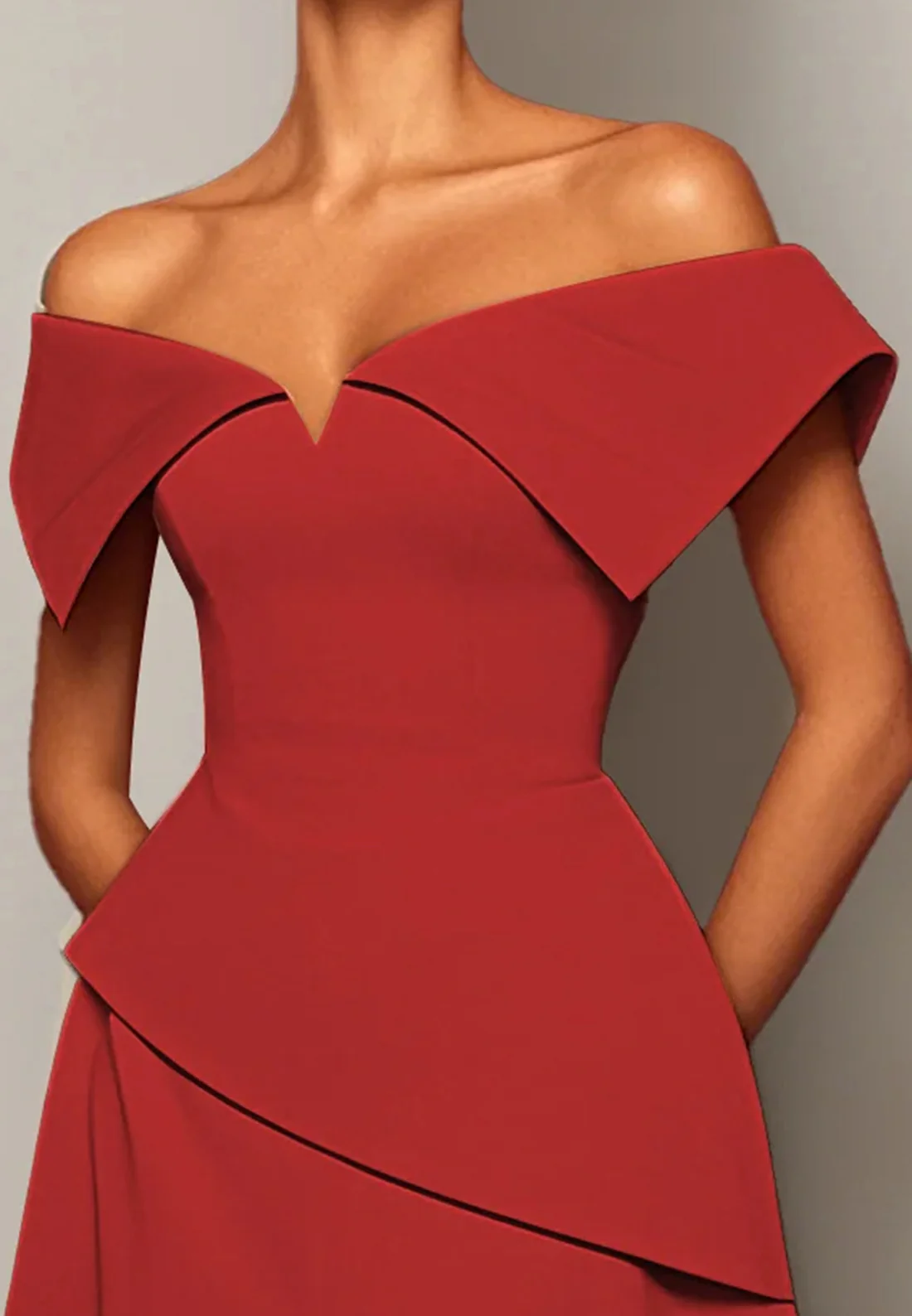 Red Slit Off The Shoulder A-Line Midi Dress