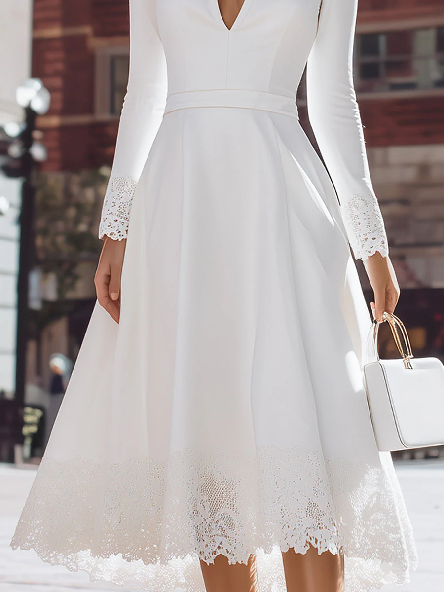Elegant White Lace Trim Midi Dress