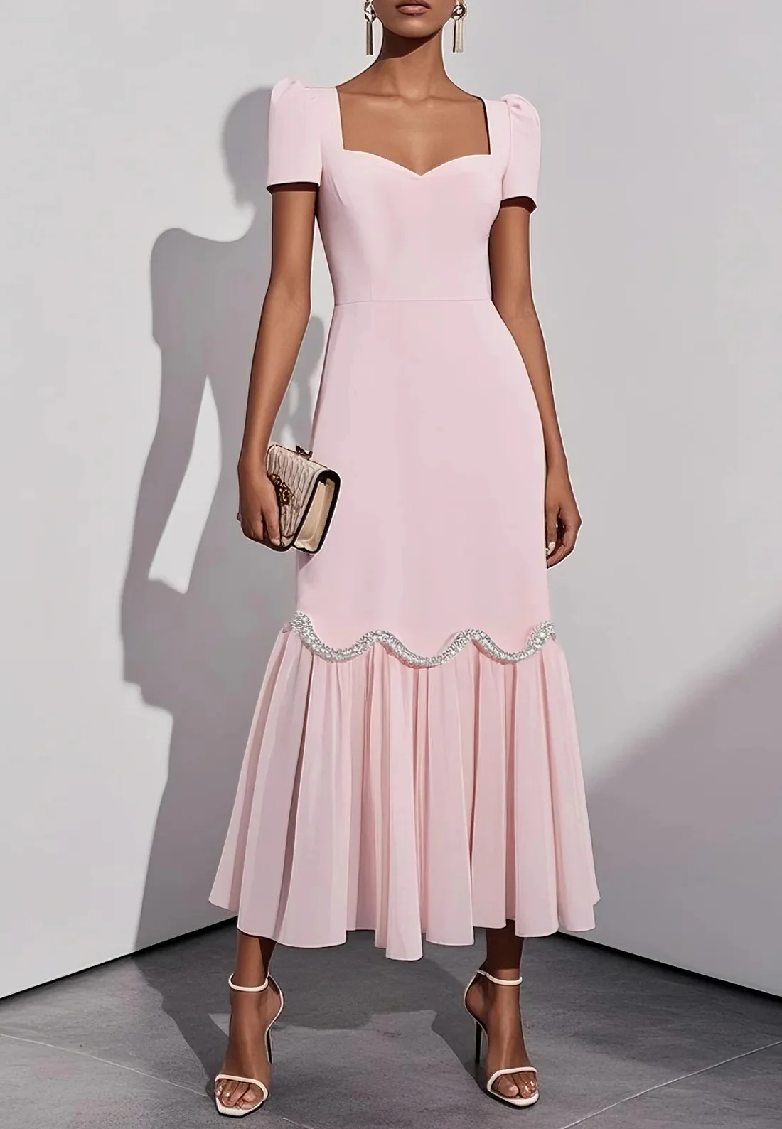 Pink Rhinestone Classic Sweetheart Neckline Sleeveless A-Line Maxi Dress