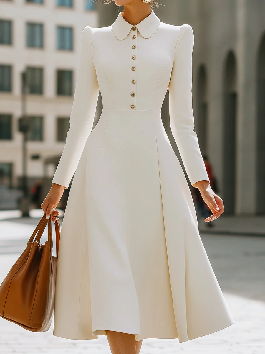 Ivory Puff Sleeve Buttoned Peter Pan Collar Midi Dress