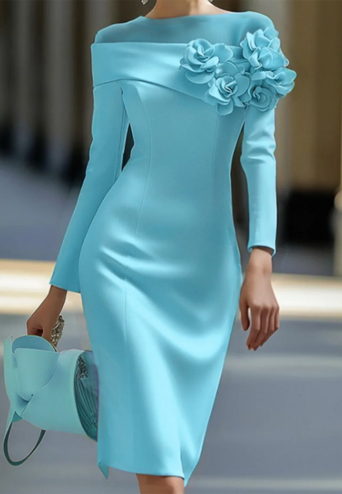 Scoop Long Sleeves Floral Embellished Sheath Cocktail Dress