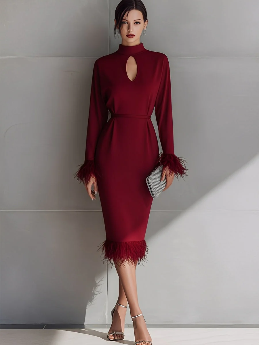 Women's Burgundy Glamorous Crepe Keyhole - Neck Feather - Trimmed Midi Dress