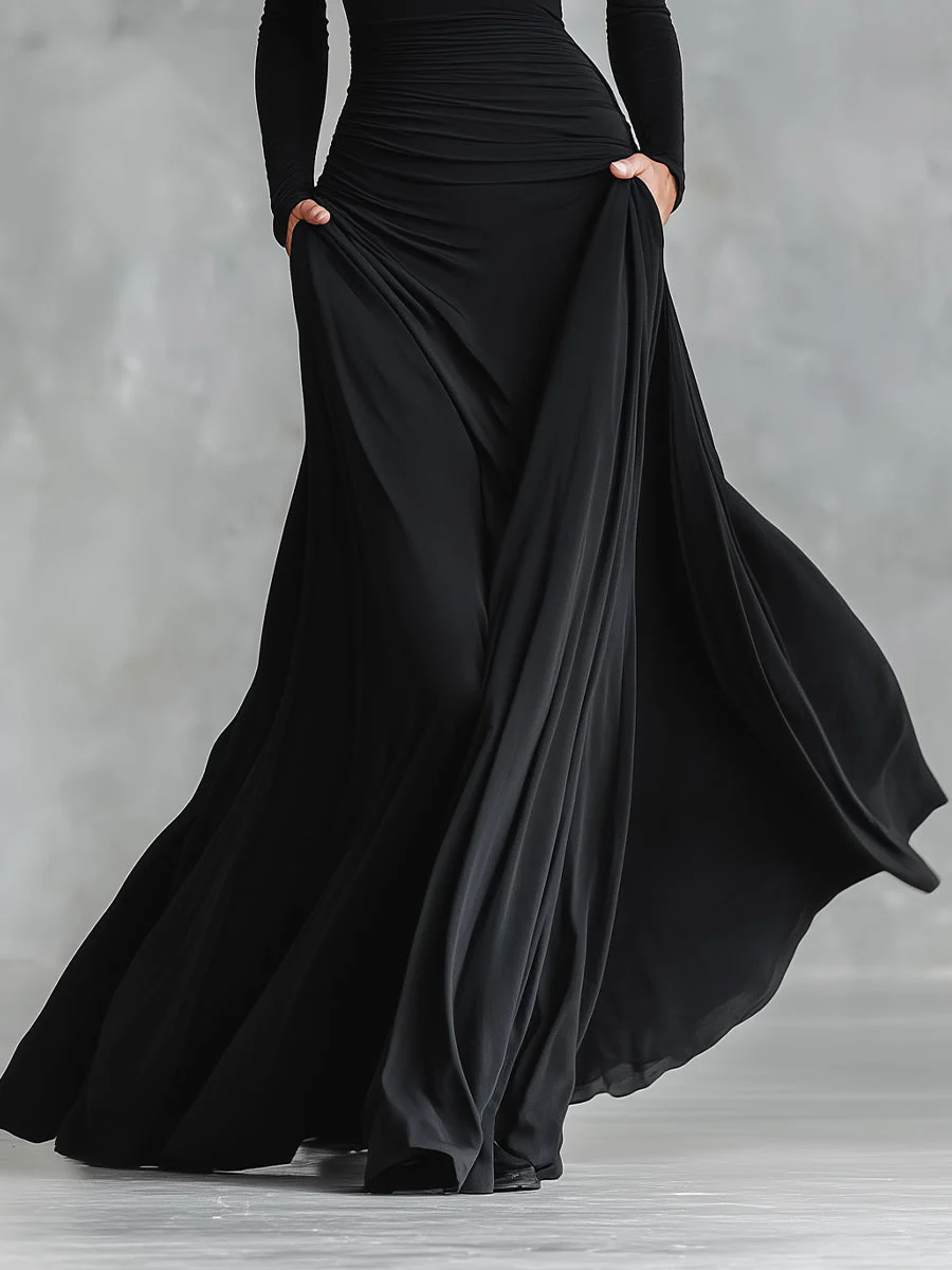 Women's Black Modern Crepe Ruched Boat - Neck Maxi Dress