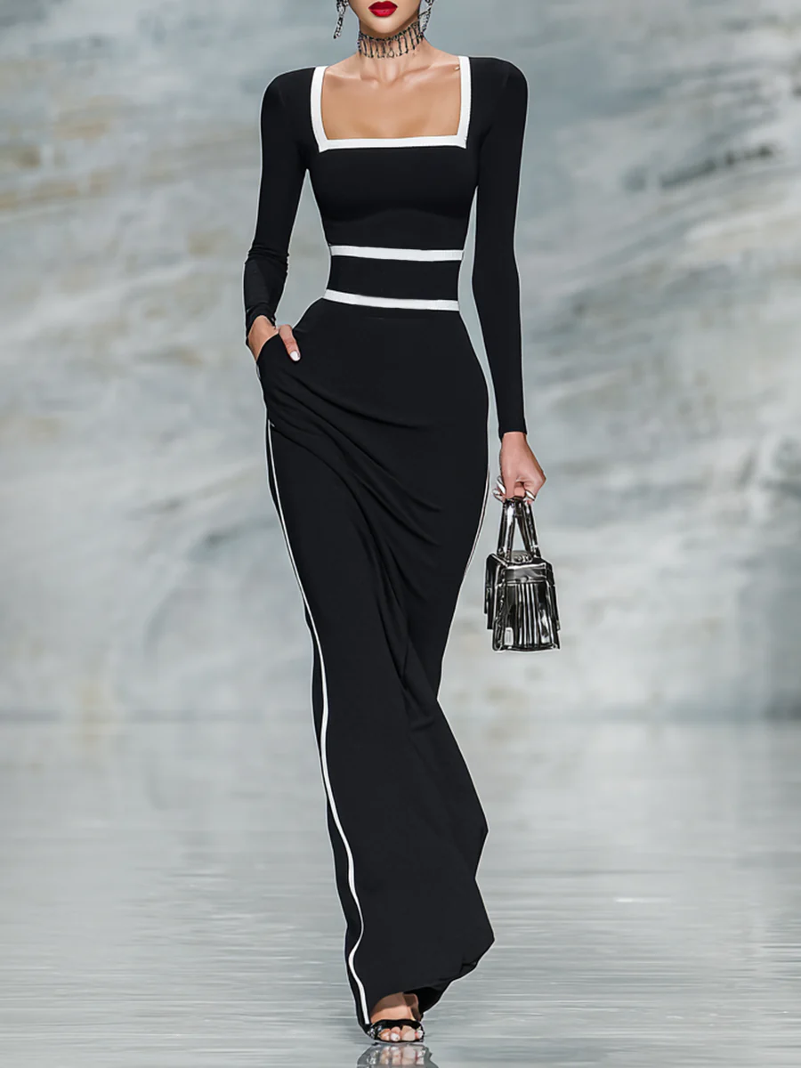 Women's Black And White Trim Square Neck Long Sleeve Tight Maxi Dress