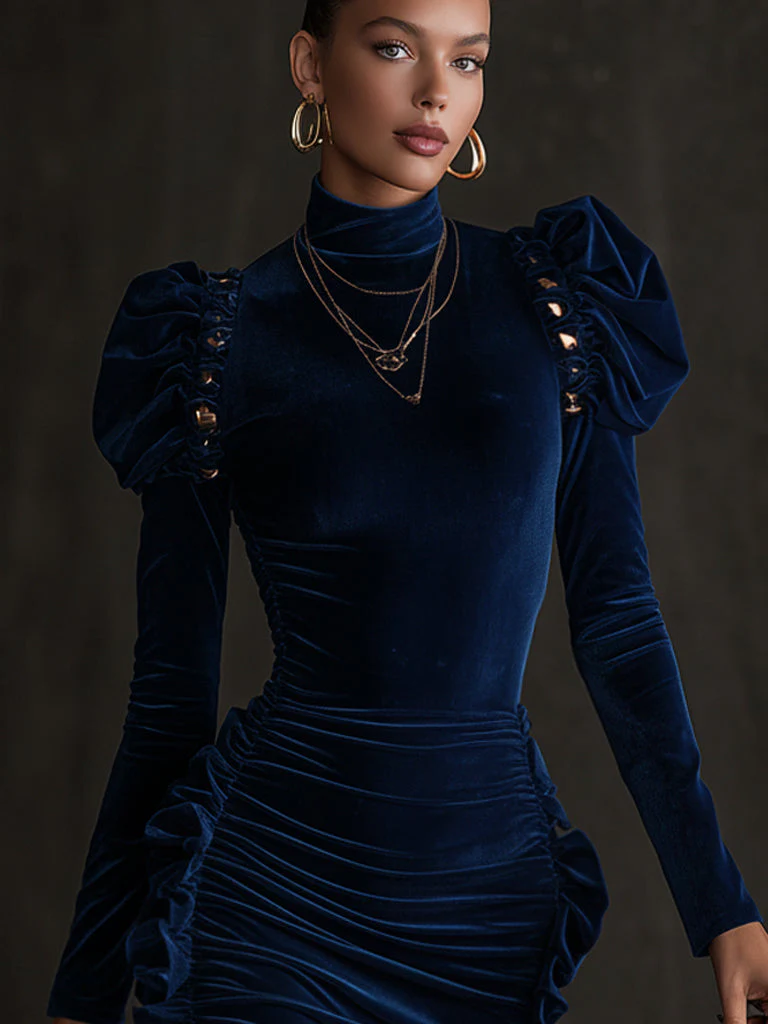 Navy Velvet Studded Ruched Long Sleeve Bodycon Dress