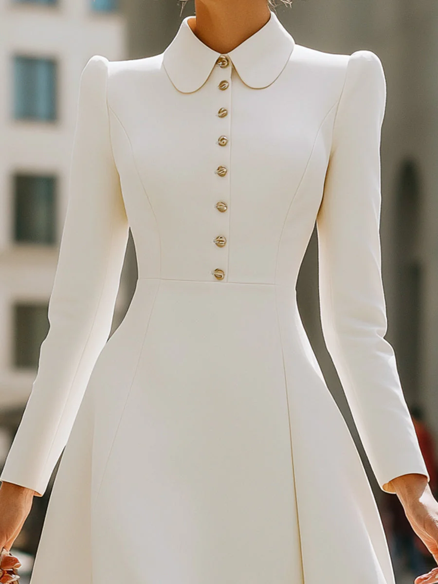 Ivory Puff Sleeve Buttoned Peter Pan Collar Midi Dress