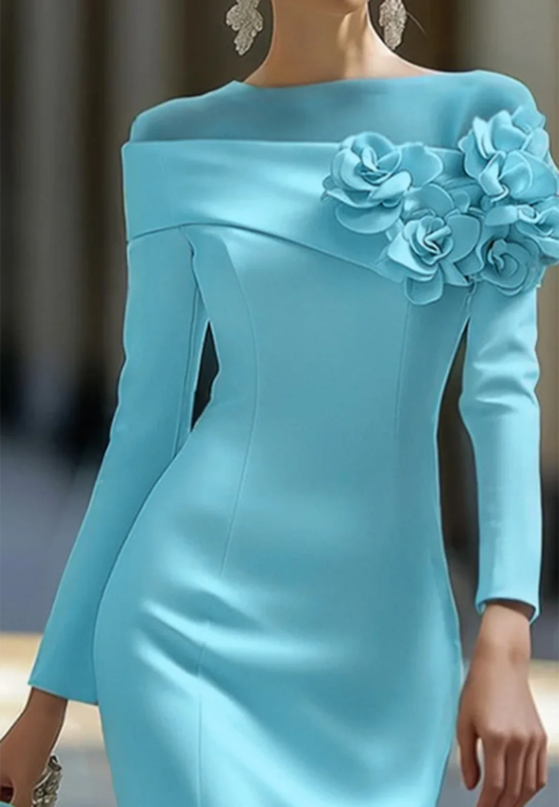 Scoop Long Sleeves Floral Embellished Sheath Cocktail Dress