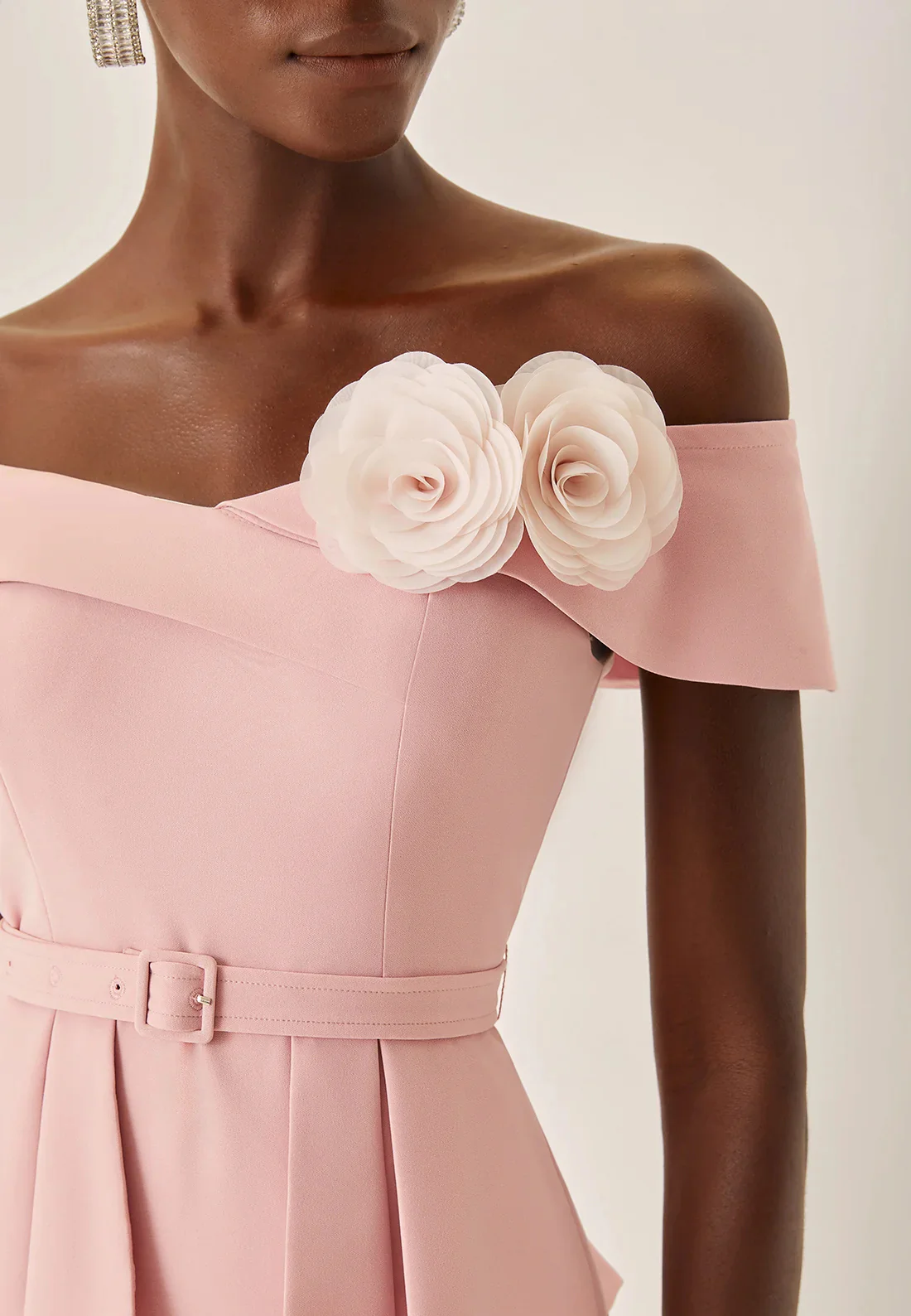 Pink 3D Floral Peplum V Neck Short Sleeve Sheath Midi Dress