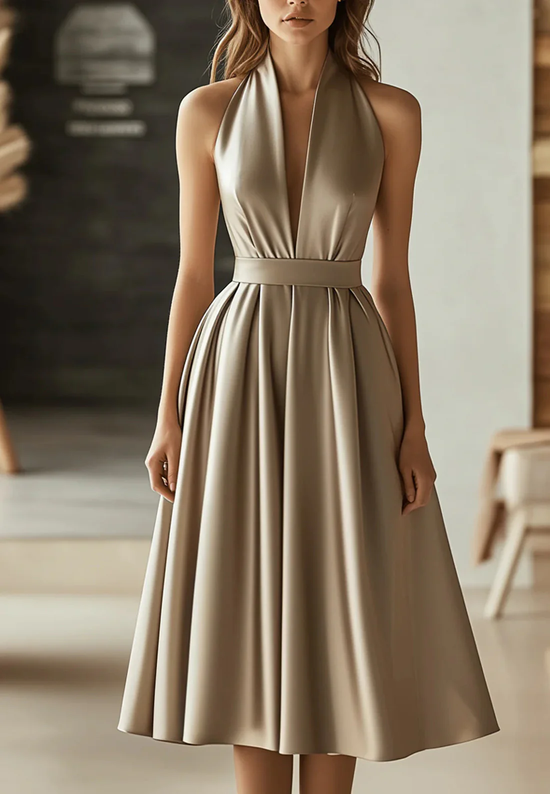 V-Neck Sleeveless Pleated A-Line Work Dress