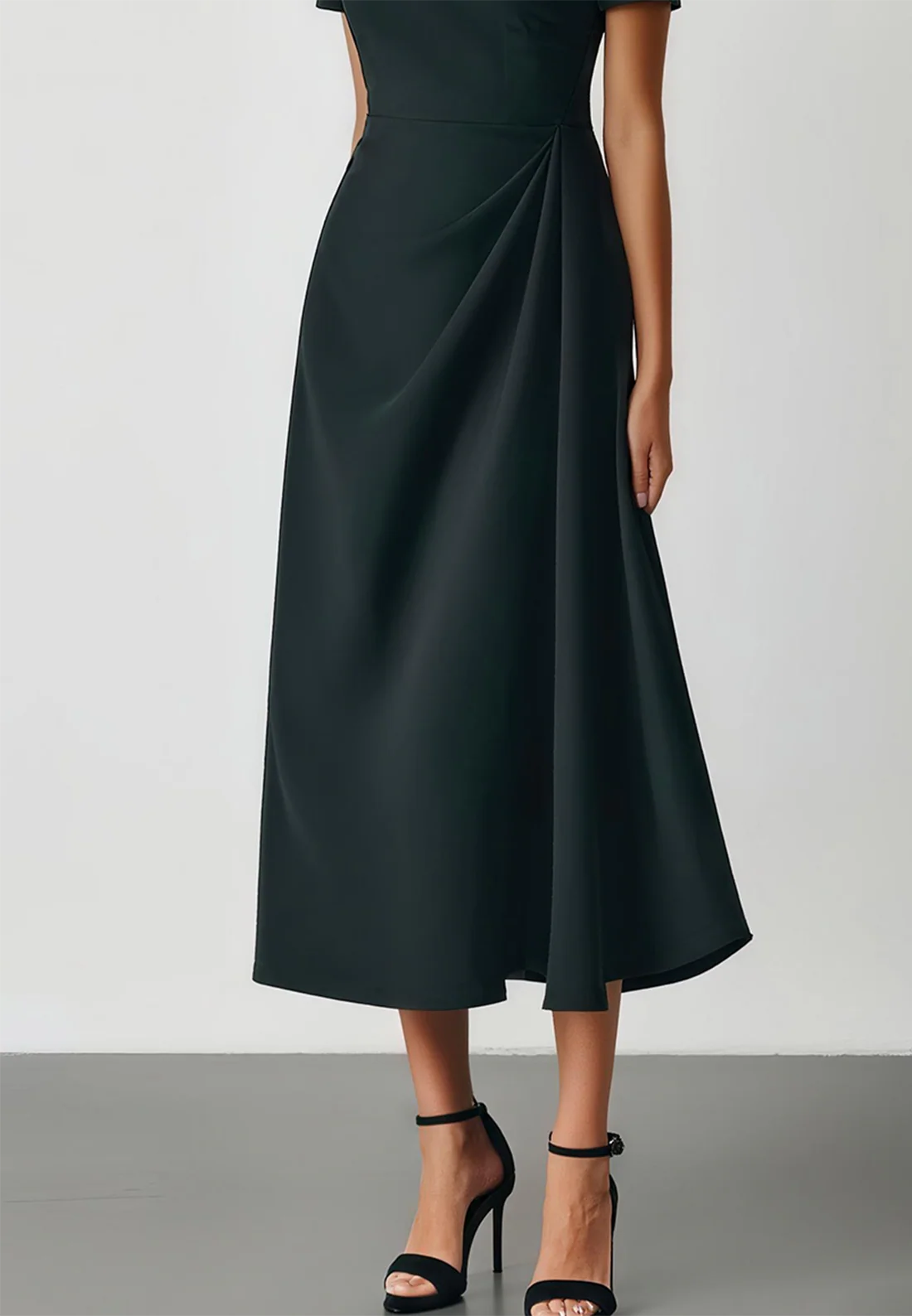 Black Ruched Hotfix Embellished Classic Crew Neck Short Sleeve A-Line Midi Dress