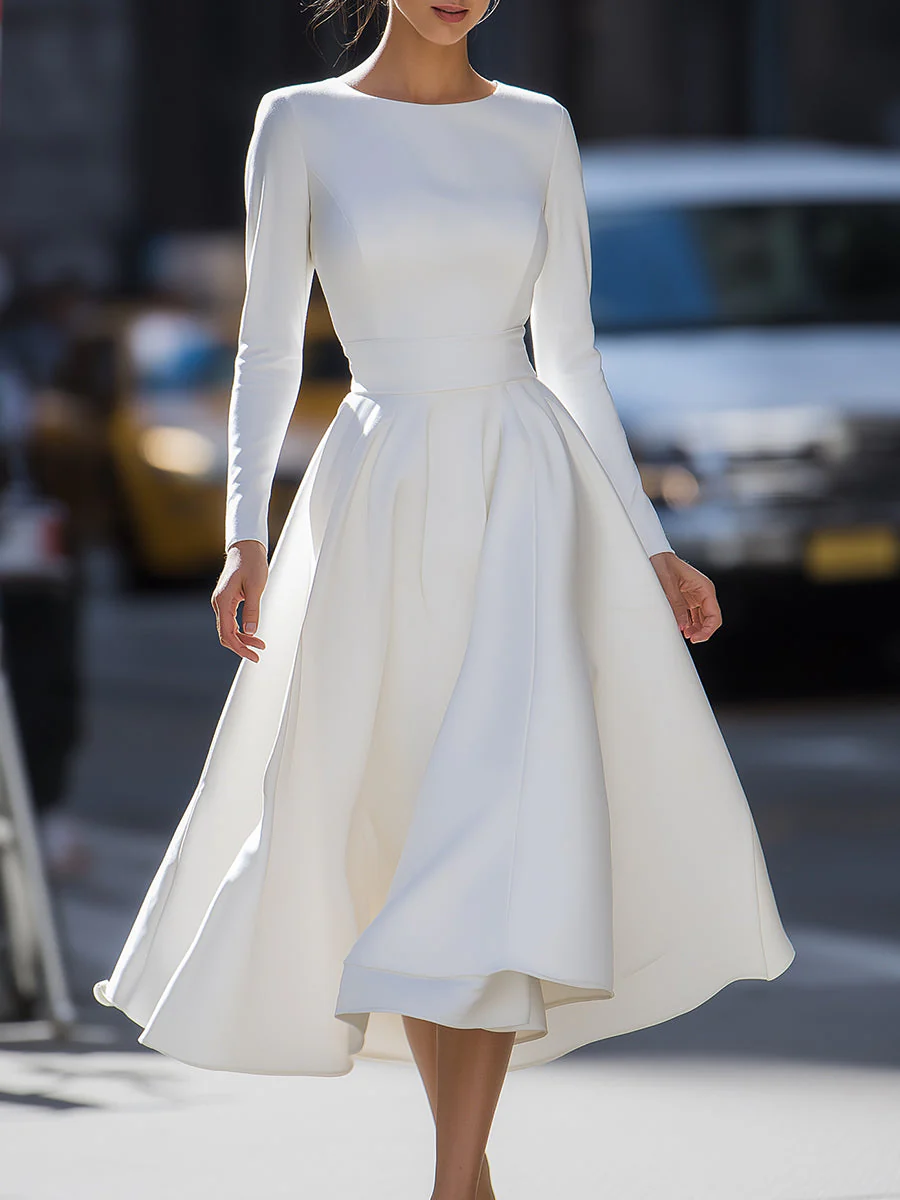Ivory Long-Sleeve Midi Dress With Flared Skirt