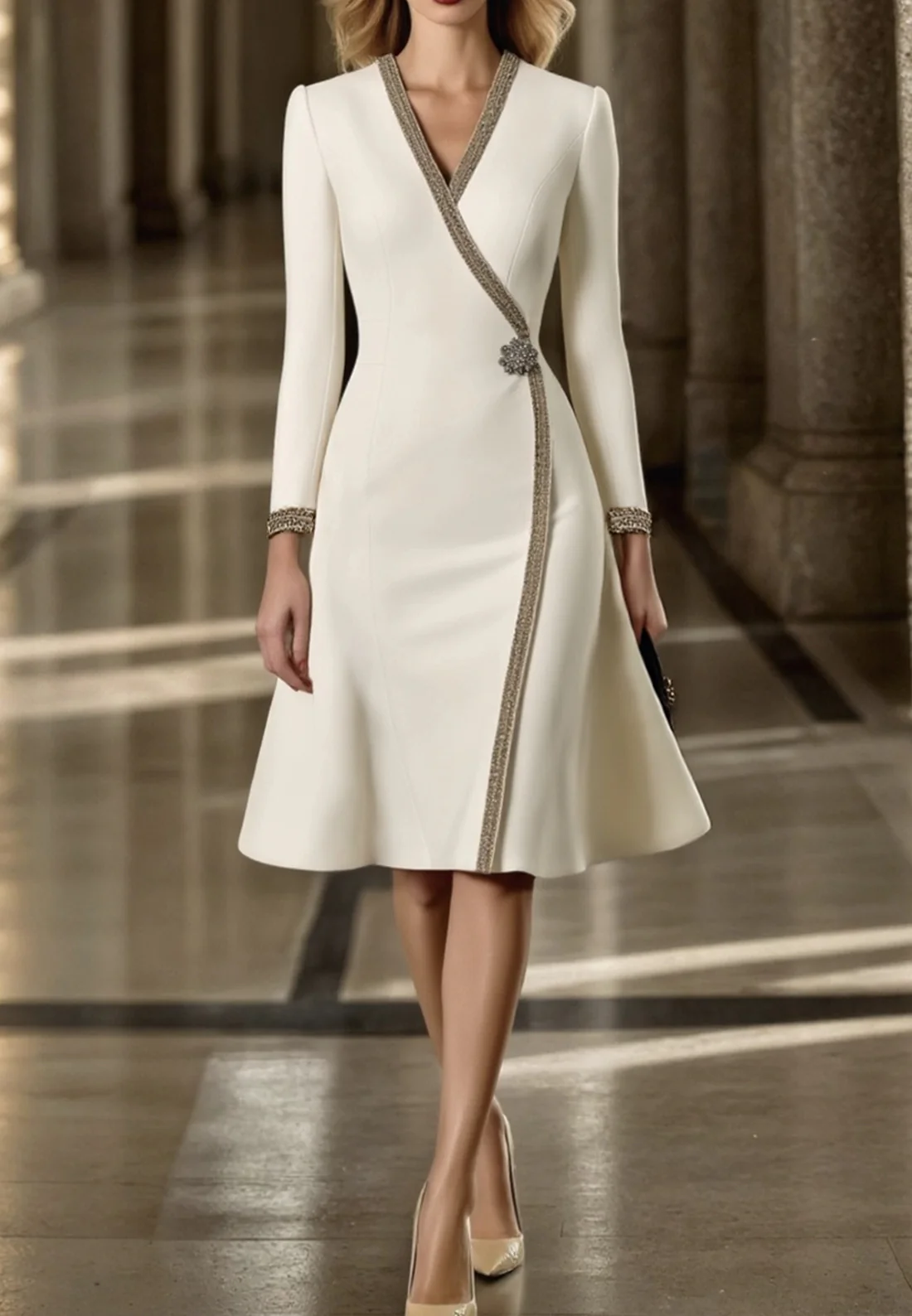 Work Dress White V Neck Long Sleeve Knee-Length Dress