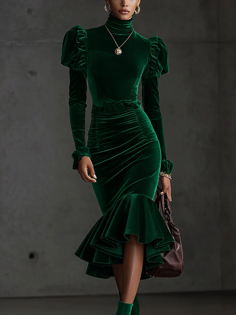 Emerald Velvet High Neck Puff Sleeve Mermaid Long Sleeve Midi Dress