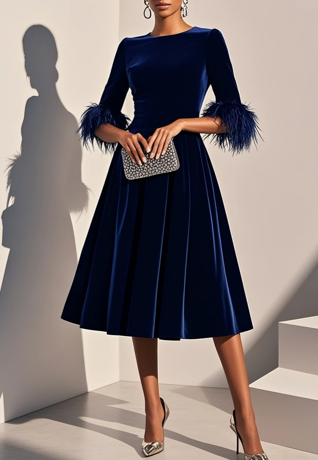 Purplish blue Feather-trimmed Velvet Crew Neck Half Sleeve A-Line Midi Dress