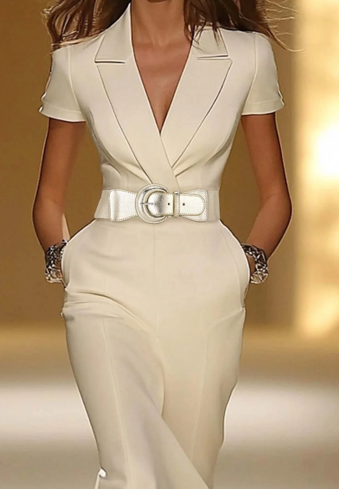 Work Blazer Dress Beige Collared Pocket Waistband Midi Dress