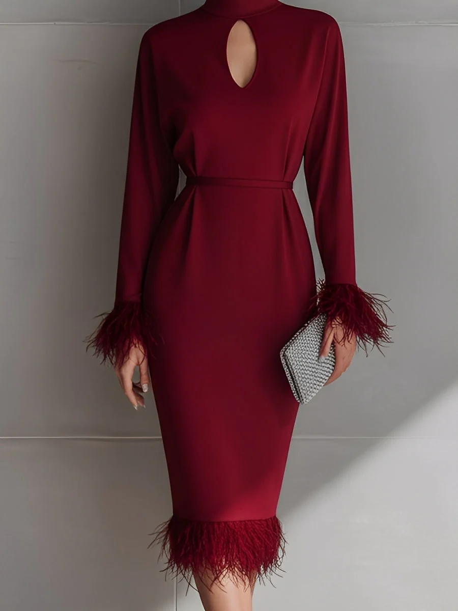 Women's Burgundy Glamorous Crepe Keyhole - Neck Feather - Trimmed Midi Dress