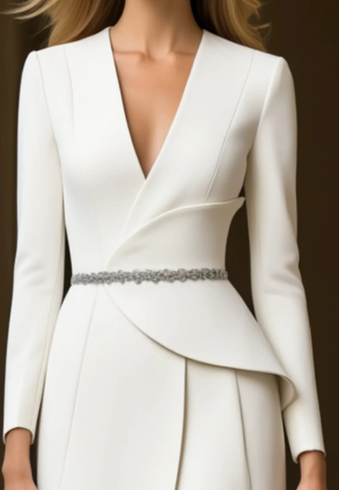 Work Dress White V Neck Long Sleeve Belted Midi Dress