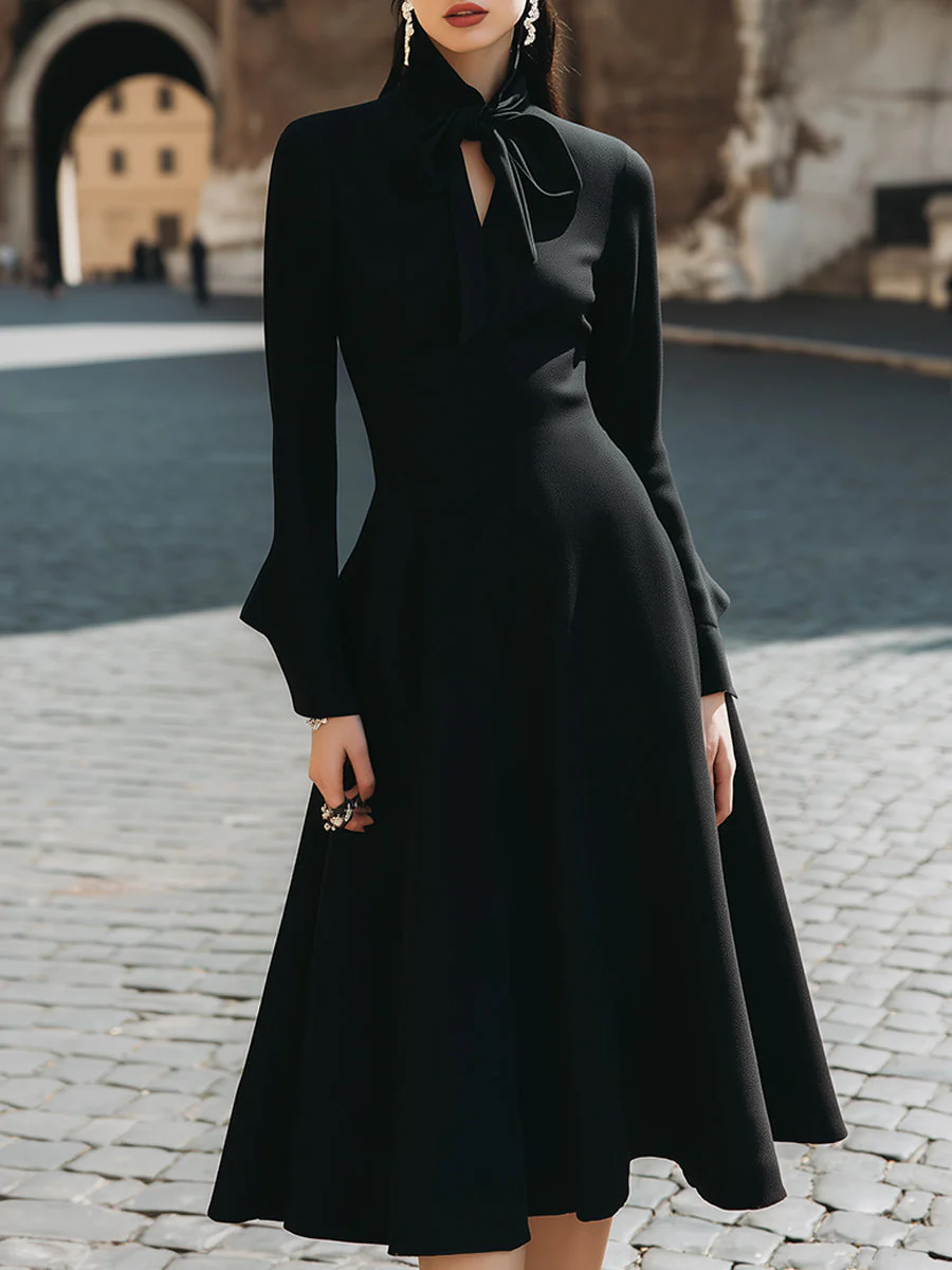 Chic Tie-Neck A-Line Midi Dress