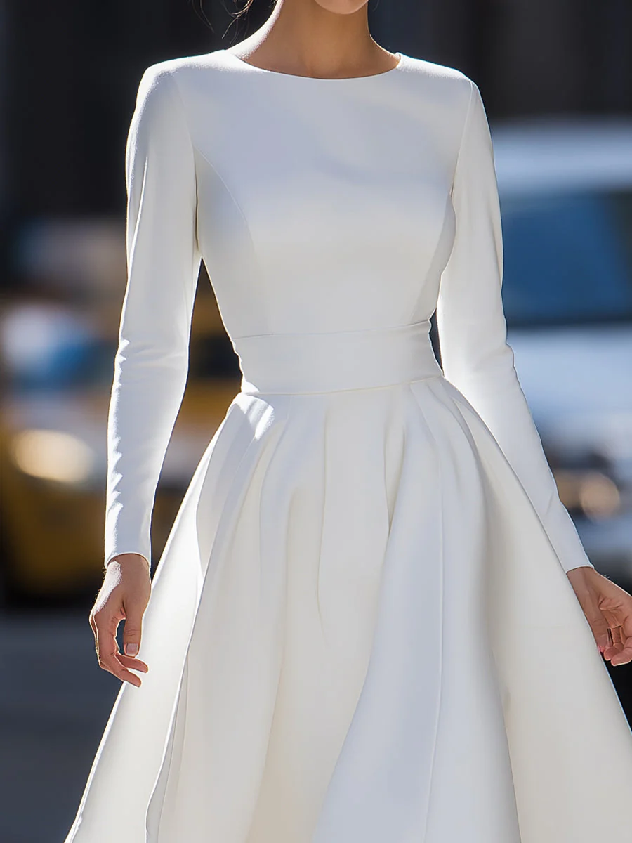 Ivory Long-Sleeve Midi Dress With Flared Skirt