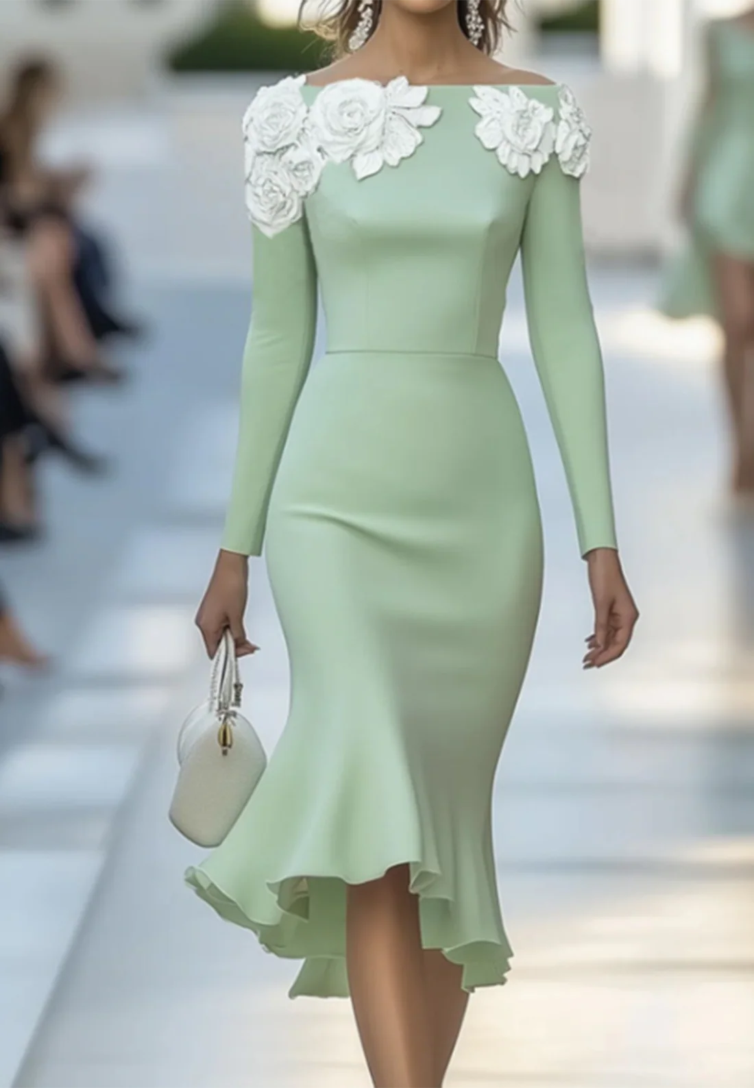 Bateau Long Sleeves Appliques Mermaid Work Dress