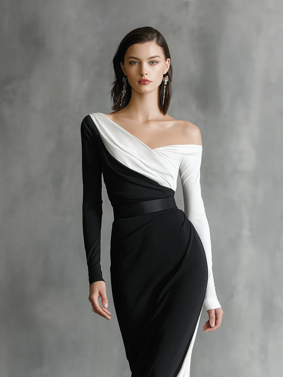 Women's Black - White Classic Jersey Asymmetric One - Shoulder Maxi Dress