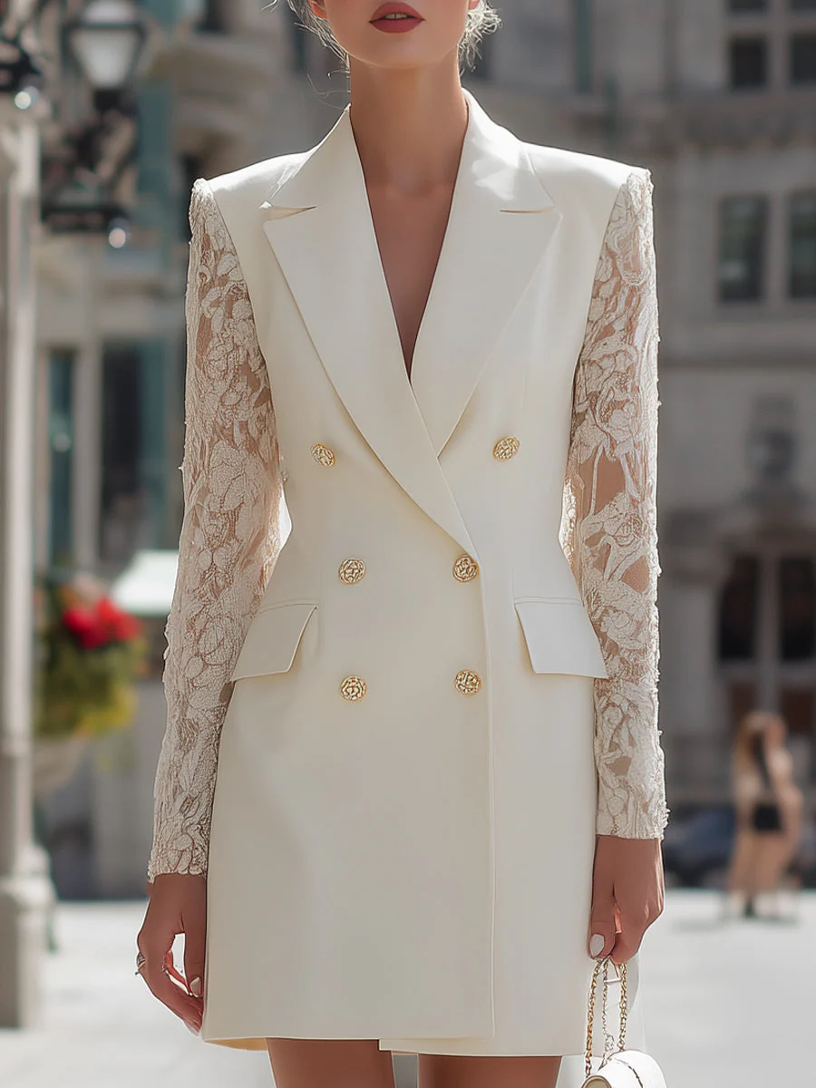 Elegant Lace Sleeve Double-Breasted Blazer Dress