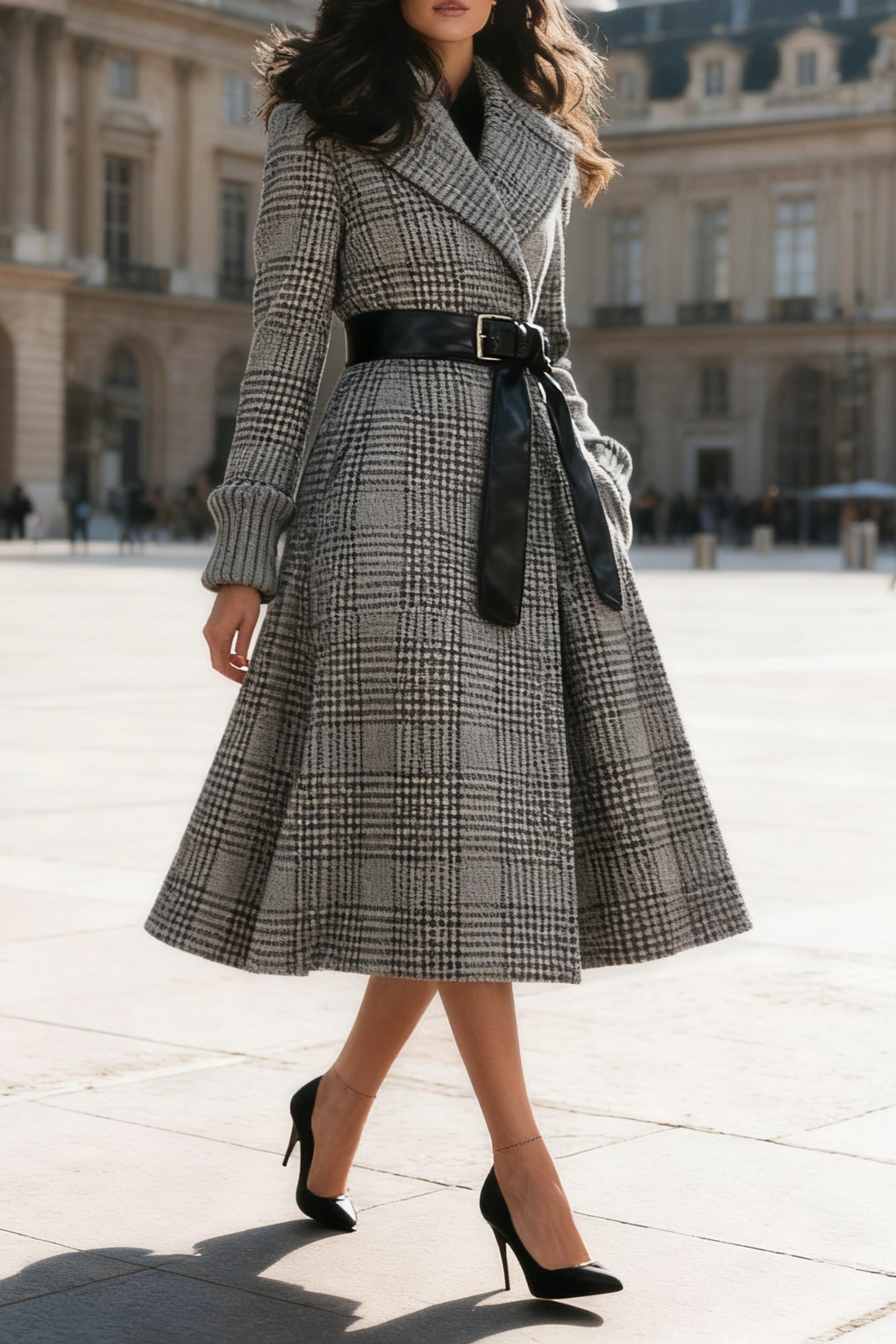 Grey Belted Plaid pattern Flared Coat