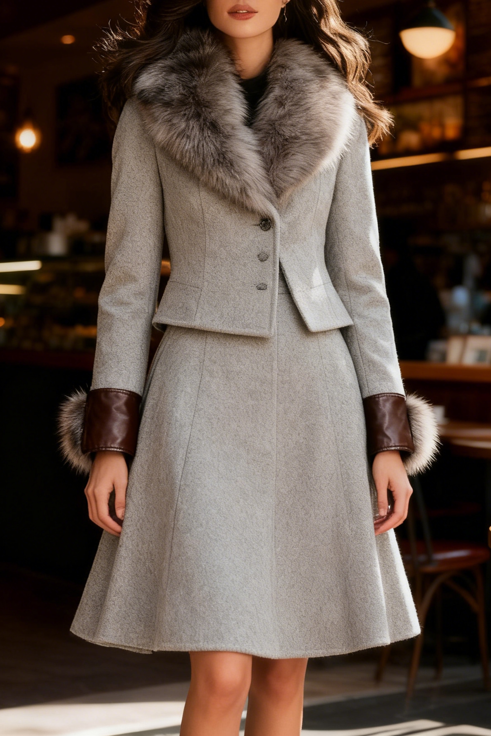 Grey Coat Suit Set With Faux Fur Collar And Cuffs