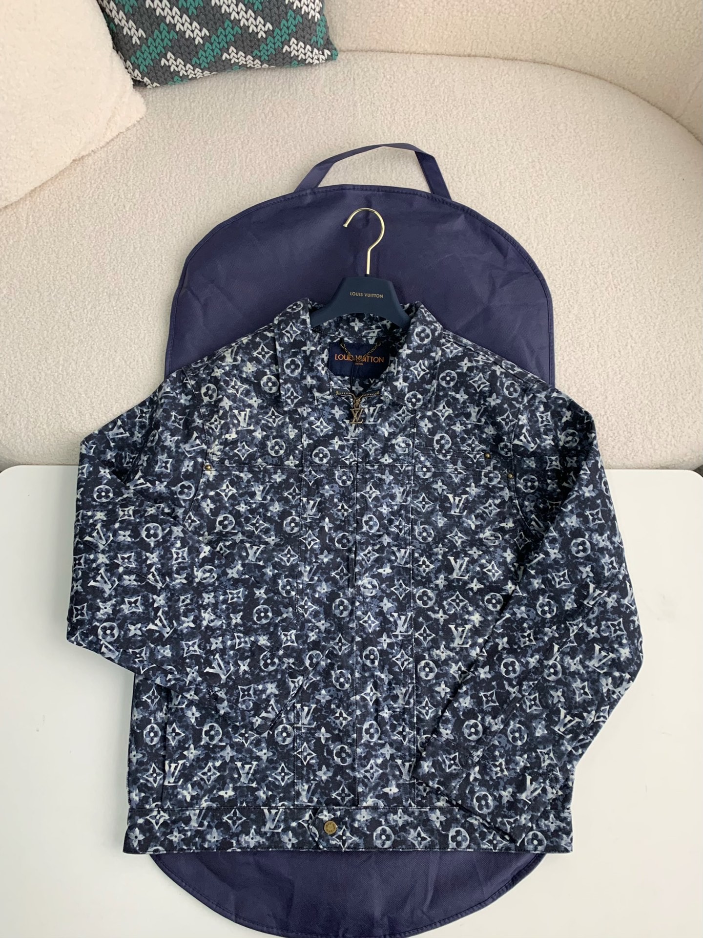 L X V Classic Logo printed all ov er patchwork denim jacket