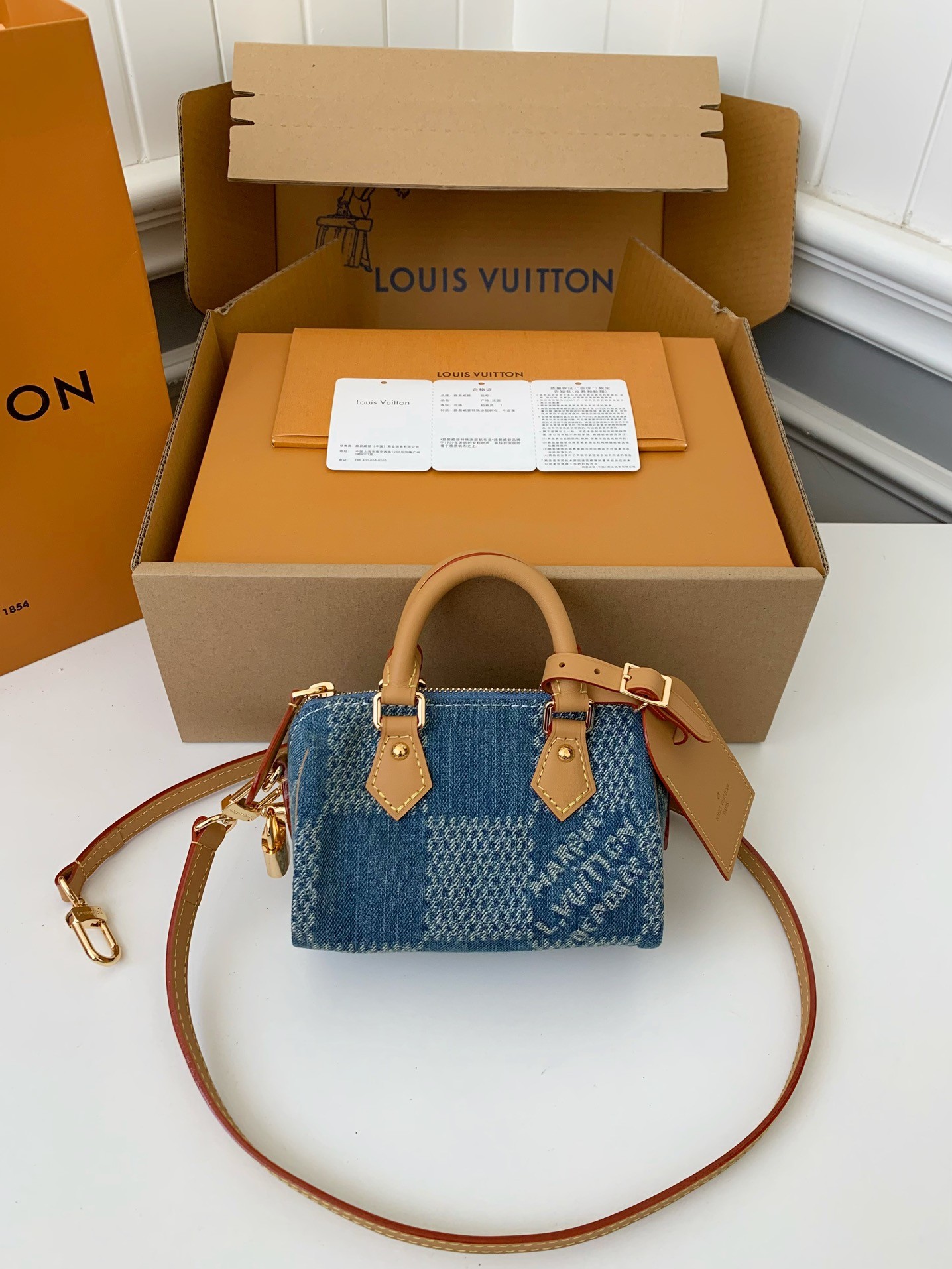 L X V The new SPEEDY 18bandouli &egrave;re tannin denim handbag  N40682  Size：18*12*10cm