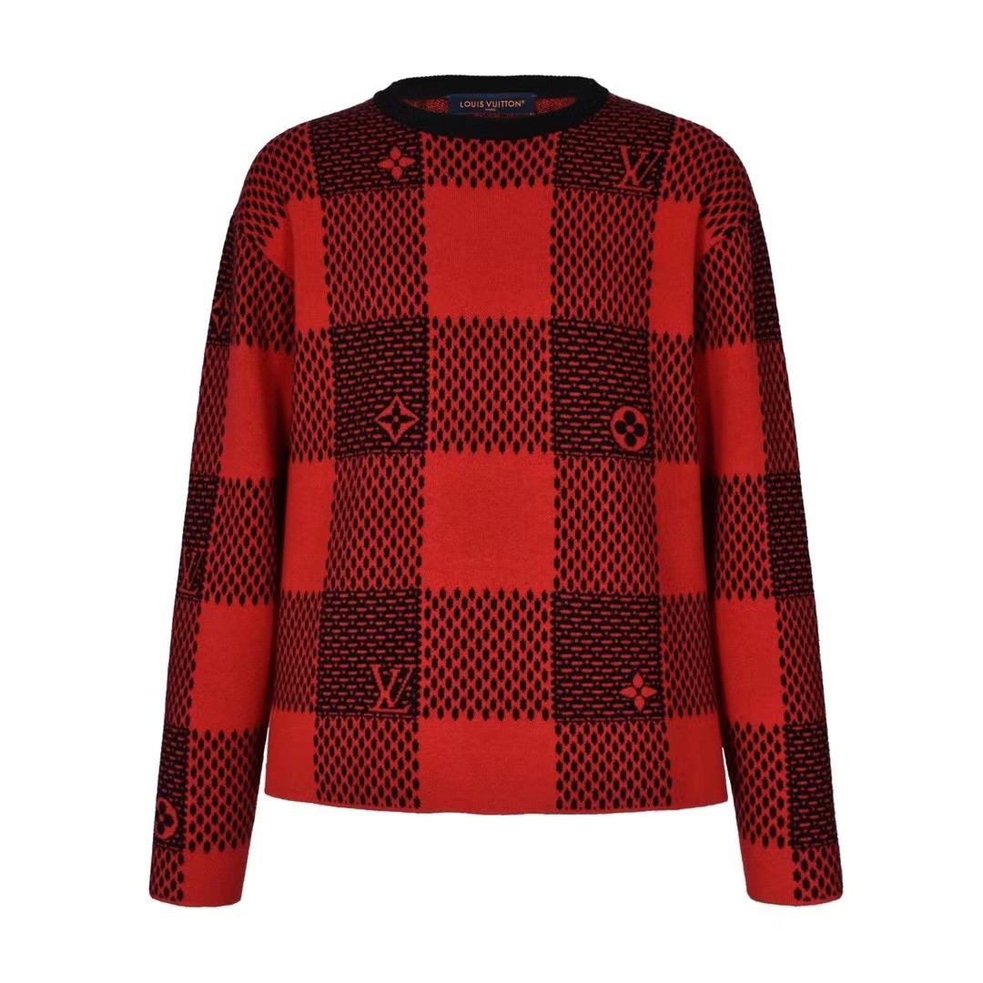 L X V 24fw black and red checkered jacquard crew neck sweater