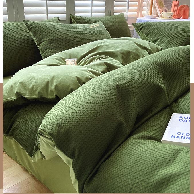 Bedding Set Luxury High Grade Light  Washable Cotton Waffle Four Piece  Olive Green Quilt Cover Bed Sheet Dormitory Three Piece