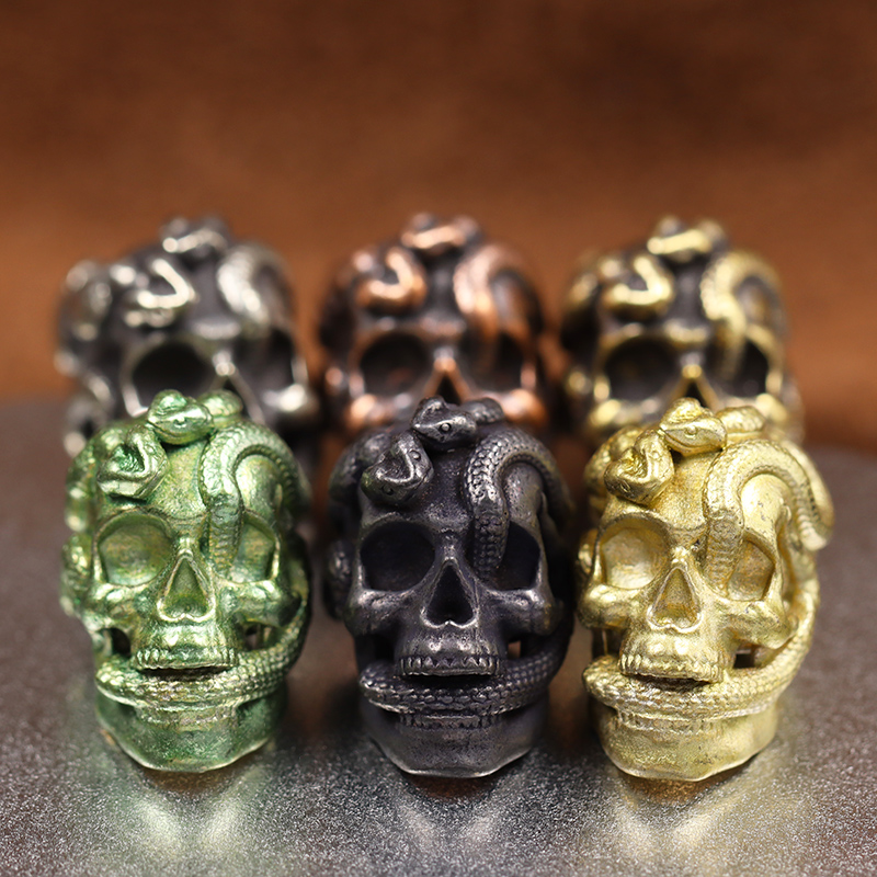 Double Snake Skull Head Brass Knife Bead EDC Outdoor DIY Paracord Accessories Woven Lanyard Pendant Jewelry Punk Bracelet Charms