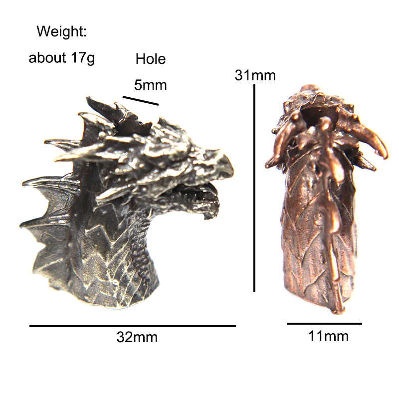 Beast European Dragon Head Brass Knife Pendants Jewelry Umbrella Rope Paracord Bead EDC DIY Keychain Lanyard Hanging Accessories